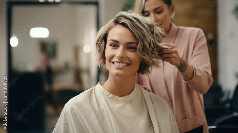 Middle aged. blond woman in a hair salon, middle hair cut generative ai Middle aged. blond woman in a hair salon, middle hair cut generative ai