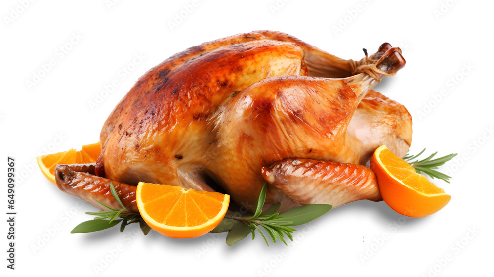 A large a stuffed turkey garnished with herbs and orange isolated on transparent background. Thanksgiving and Christmas topic. A large a stuffed turkey garnished with herbs and orange isolated on transparent background. Thanksgiving and Christmas topic.