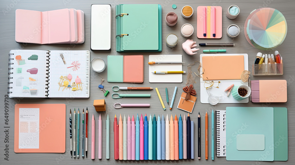Stylish flat lay of pastel school supplies Stylish flat lay of pastel school supplies