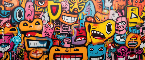 Graffiti wall with whimsical cartoon faces