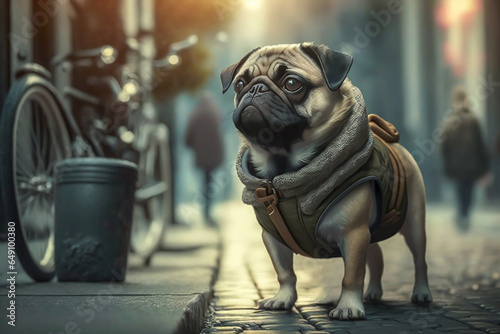 Urban pets concept image. A pug, dressed for a walk, waits for its owner with a somewhat lonely expression.