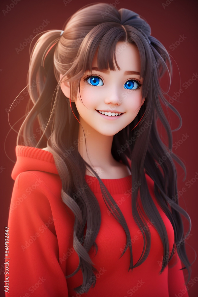 Beautiful smiling girl with long hair twintails blue eyes red sweater simple background Beautiful smiling girl with long hair twintails blue eyes red sweater simple background