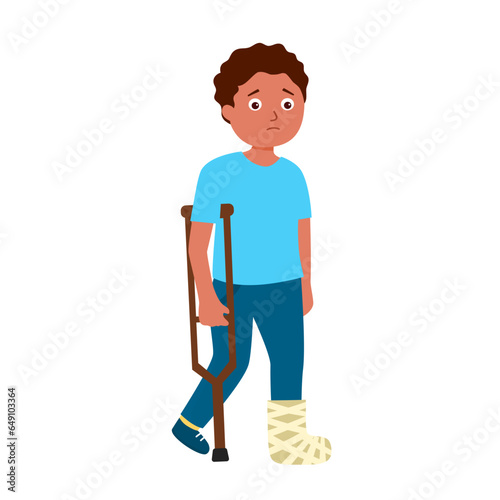 African boy child with broken leg in flat design on white background.