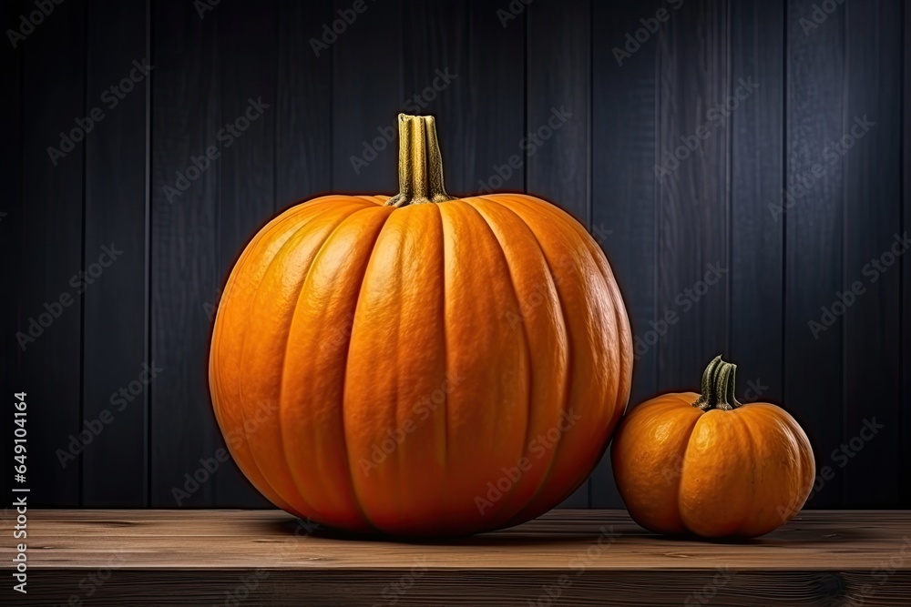 Big orange pumpkin on oak table in the dark halloween isolated background Big orange pumpkin on oak table in the dark halloween isolated background