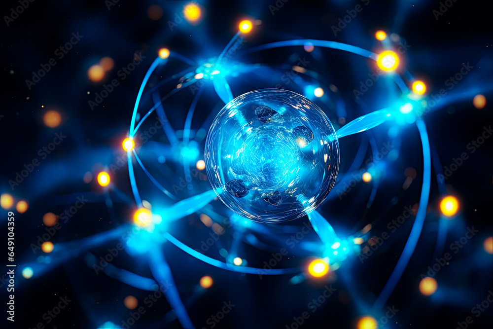 Irradiation science: Atomic nucleus electrons neutrons protons. model shows that an atom is mostly empty space with electrons orbiting a fixed positively charged nucleus, view in colorful 3D Irradiation science: Atomic nucleus electrons neutrons protons. model shows that an atom is mostly empty space with electrons orbiting a fixed positively charged nucleus, view in colorful 3D