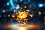 Irradiation science: Atomic nucleus electrons neutrons protons. model shows that an atom is mostly empty space with electrons orbiting a fixed positively charged nucleus, view in colorful 3D