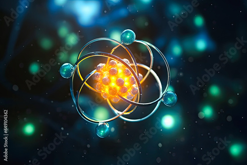 Irradiation science: Atomic nucleus electrons neutrons protons. model shows that an atom is mostly empty space with electrons orbiting a fixed positively charged nucleus, view in colorful 3D photo