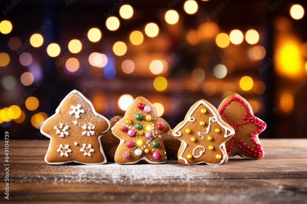 Christmas gingerbread cookies on a wooden table against the blurred colored highlights on the background with free space on top.

