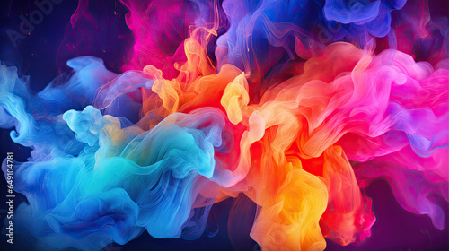 Clubs of multicolored neon smoke, ink. An explosion, a burst of holi paint. Abstract psychedelic pastel light background. 3D rendering. AI generated. Clubs of multicolored neon smoke, ink. An explosio