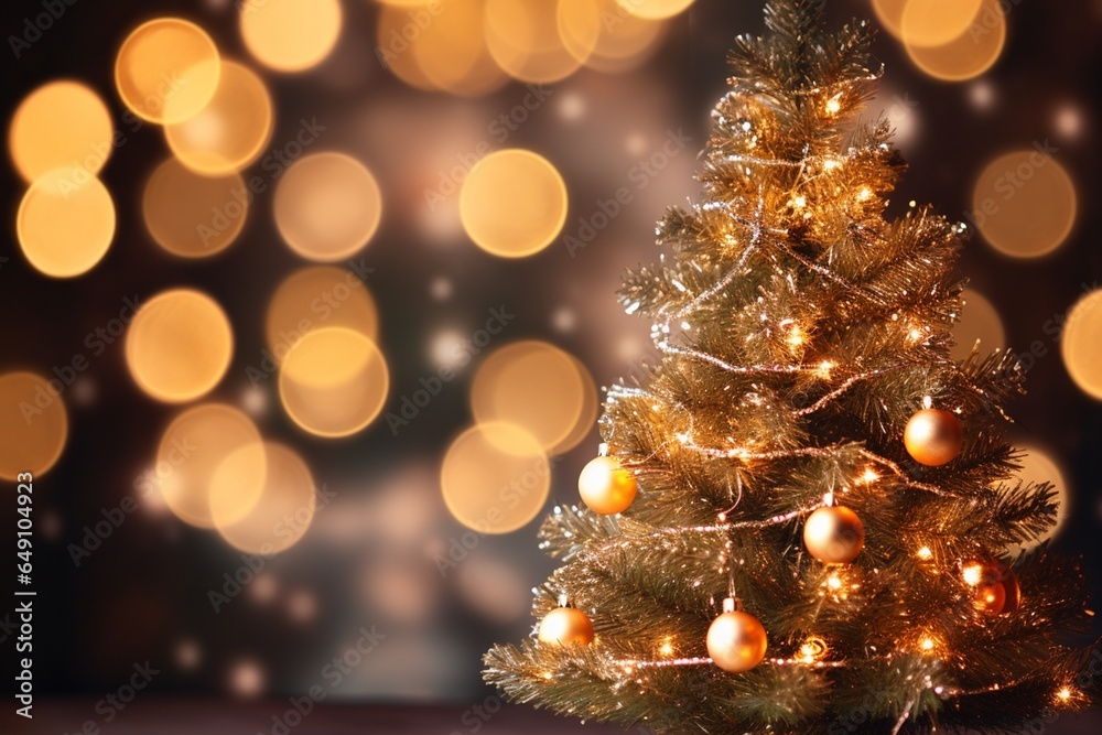 Christmas tree with golden decorations and bokeh lights on dark background