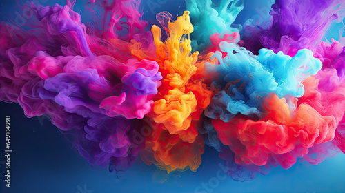 Clubs of multicolored neon smoke, ink. An explosion, a burst of holi paint. Abstract psychedelic pastel light background. 3D rendering. AI generated. Clubs of multicolored neon smoke, ink. An explosio