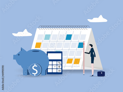 Monthly cost or budget, expense to pay bill, mortgage or debt, plan for savings or investment, money management or credit card payment, smart woman plan her monthly budget with calendar and piggybank.