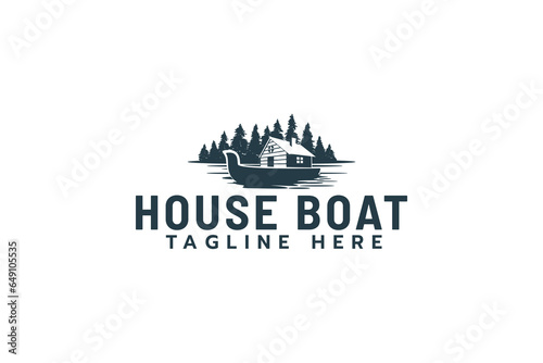 houseboat logo with a combination of a houseboat, pine, and lake waters.