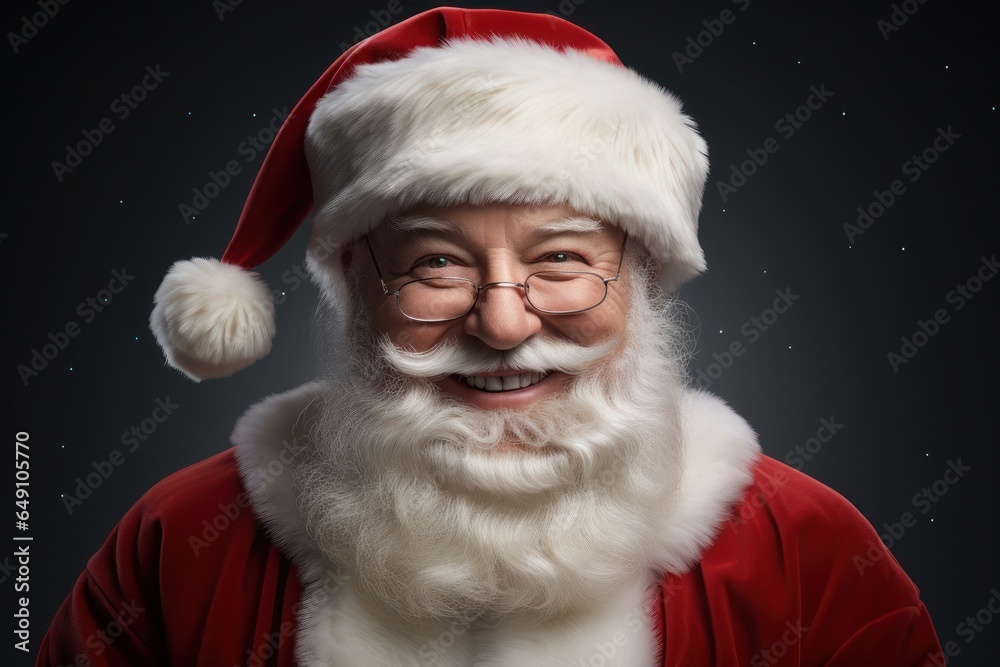 Naklejka premium Close up photo of positive cheerful santa claus looking in camera wearing a red costume hat on background.