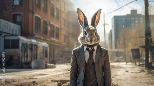 A rabbit in a suit and tie stands in the street