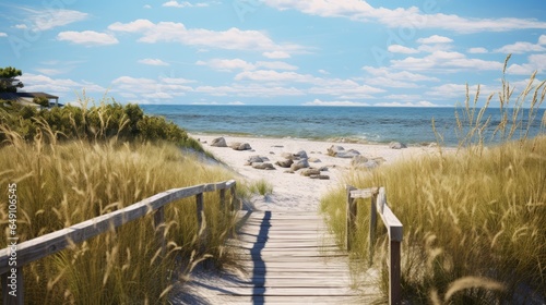 A wooden boardwalk leads to a beach with tall grass