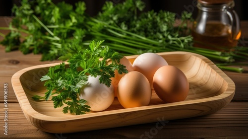 A wooden tray with eggs and a bowl of parsley