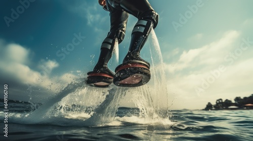 closeup shot of the legs of a person doing flyboard photo