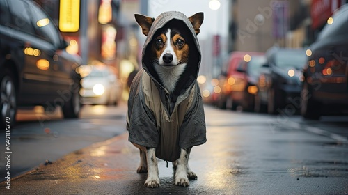 Dog in a coat on a street