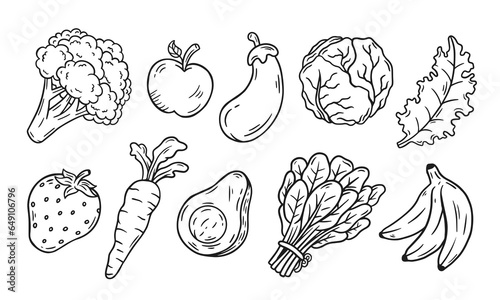 Vegetable and Fruit doodle line set. Freehand doodle hand drawn sketch style drawing fruit and vegetables. Vector illustration