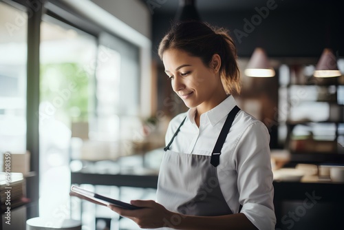 female hospitality worker using a tablet to manage orders at work in cafe. generative AI