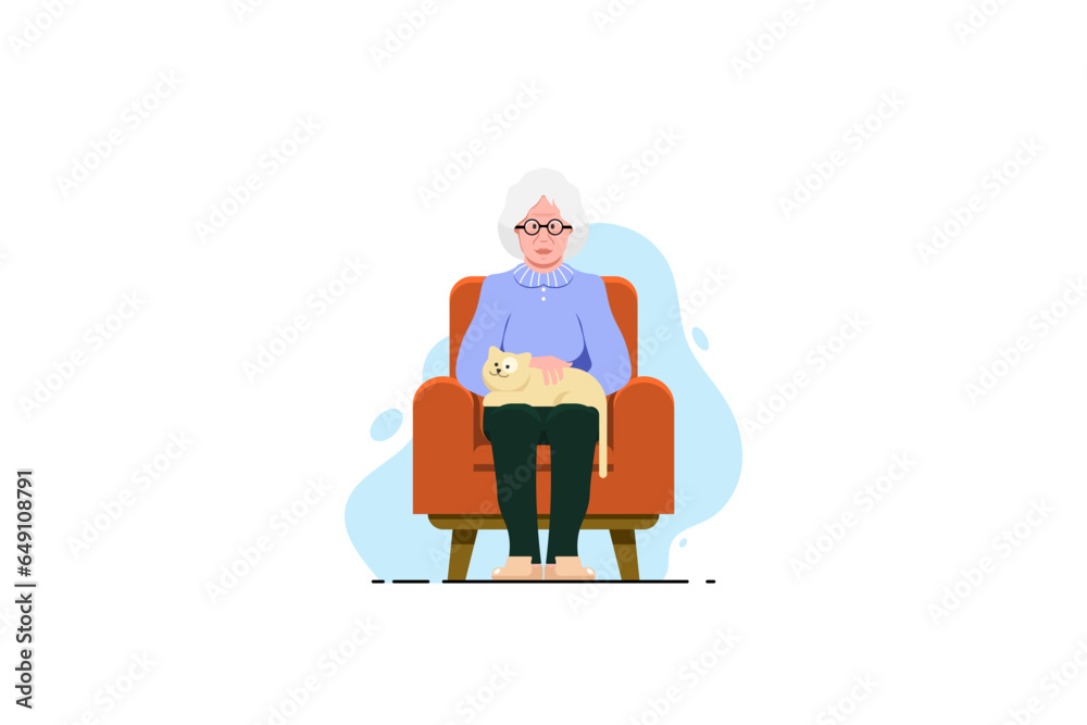 Old woman relaxing on sofa chair with cat on isolated background, Vector illustration.
