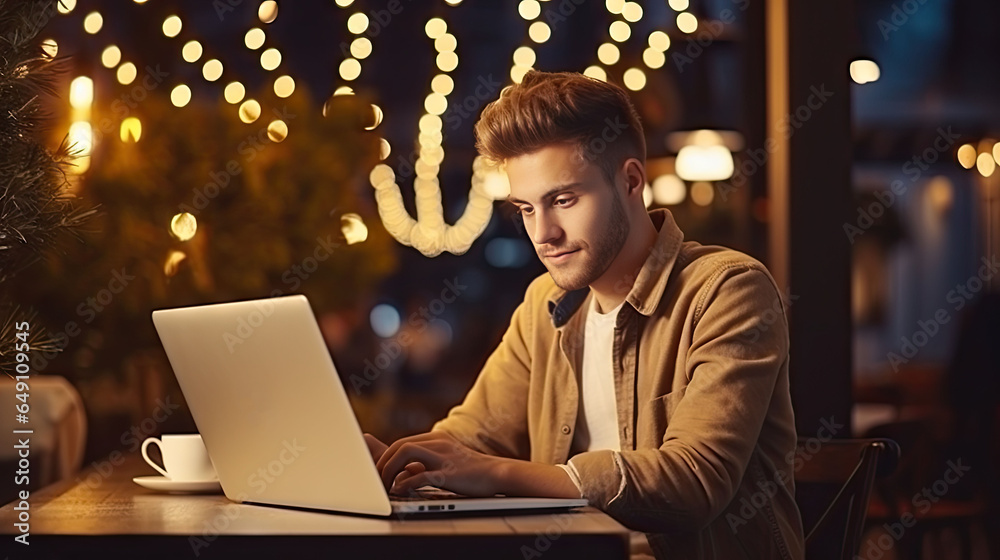 Freelance handsome man working with laptop in coffee shop Freelance handsome man working with laptop in coffee shop