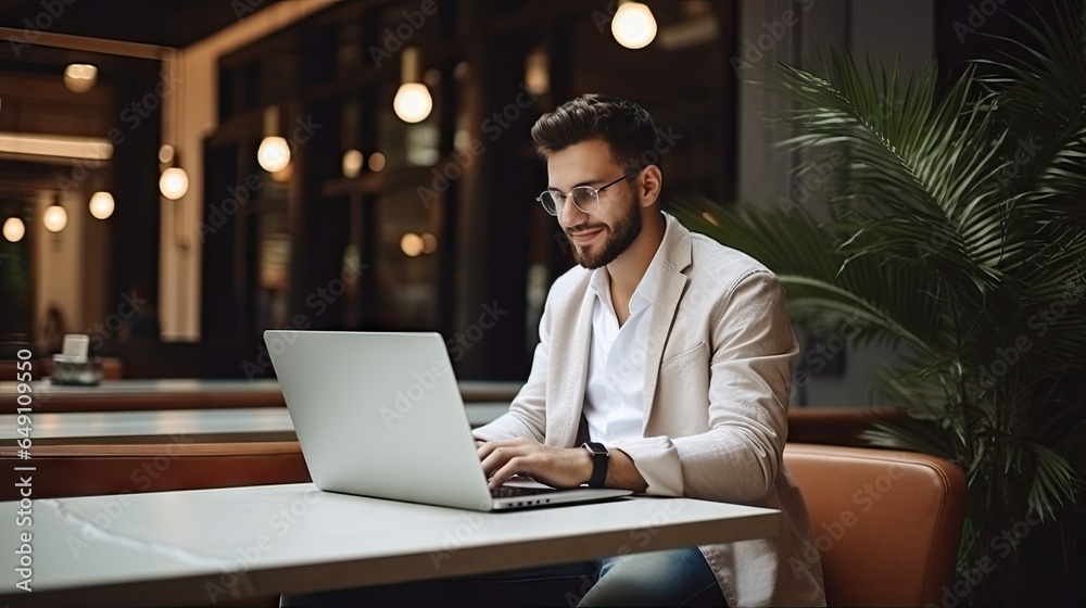 Freelance handsome man working with laptop in coffee shop Freelance handsome man working with laptop in coffee shop