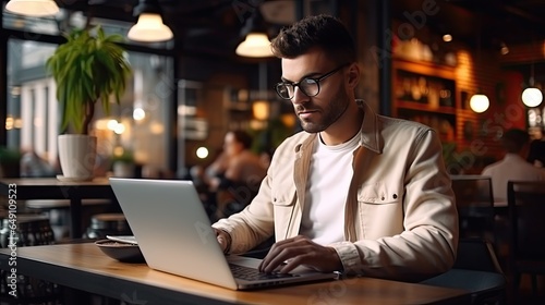 Freelance handsome man working with laptop in coffee shop photo