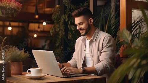 Freelance handsome man working with laptop in coffee shop
