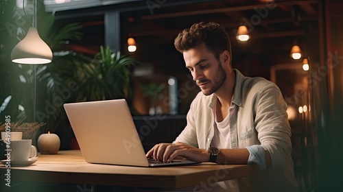 Freelance handsome man working with laptop in coffee shop