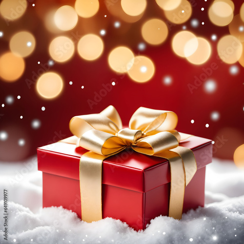 A decorative red gift box with a large golden bow standing in fresh snow against a bokeh background of twinkling lights. AI generative © ณรงค์วิทย์ สุขใจ