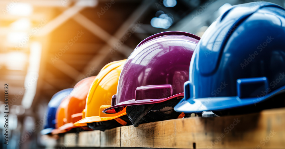 Fototapeta premium Helmets of Quality: Multicolored Symbols of Safe Construction Practices