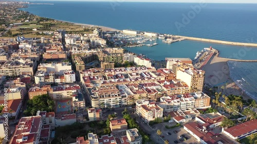 Drone photo of Benicarlo with view of port and residential buildings along sea coast. North of Province of Castello, Spain. photo