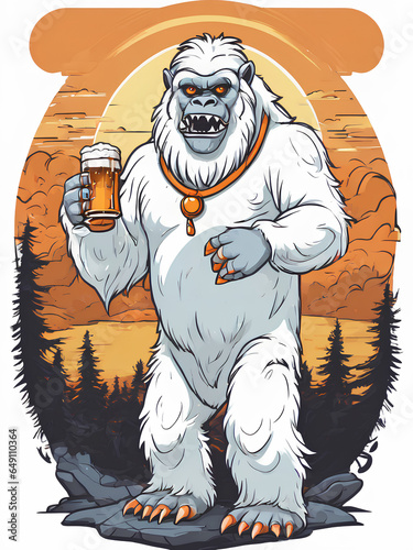Vintage Yeti in the Forest - Isolated Halloween Illustration of Bigfoot Chilling with Beer at Sunset