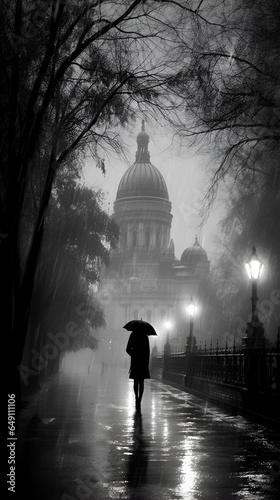 Black and white - A person walking in the heavy rain with an umbrella towards a domed building in the distance 