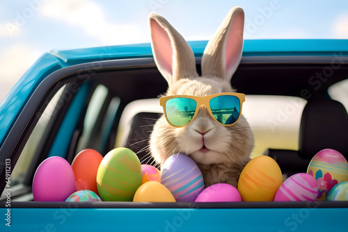 Happy Cute Easter Rabbit in Sunglasses with Colorful Eggs in Car