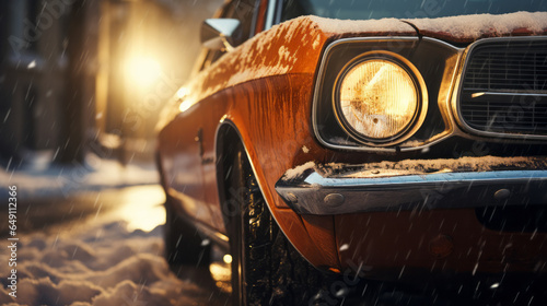 a car is in the snow in winter, in the style of light orange and dark brown - generative ai photo