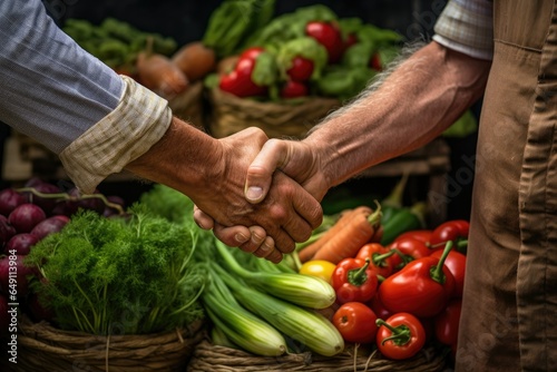 A close - up handshake between a poultry farmer and a local chef, with a colorful collection of freshly harvested vegetables as the farm's backdrop.