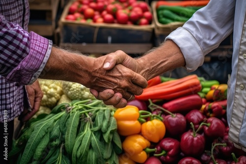 A close - up handshake between a poultry farmer and a local chef, with a colorful collection of freshly harvested vegetables as the farm\'s backdrop.