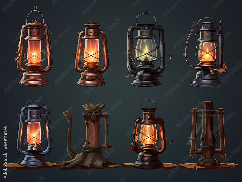 set of beautiful kerosene and oil lamps 