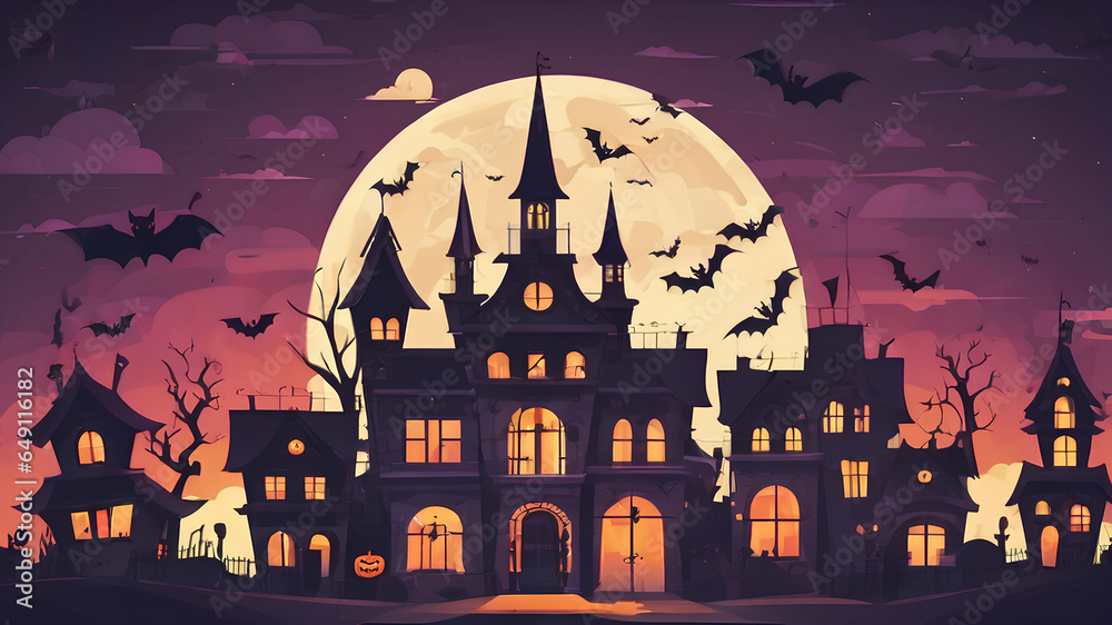 Spooky Halloween City - Dark Night in a Scary Town, Flat Illustration of Horror on a Background