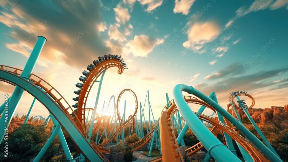 Roller coaster on the high with sky background. - obrazy, fototapety, plakaty 