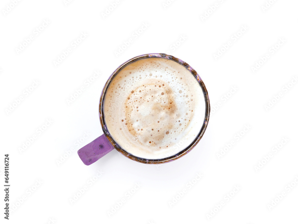 Top view, flat lay purple color coffee mug has cappuccino or latte with frothy foam isolated on a white background..