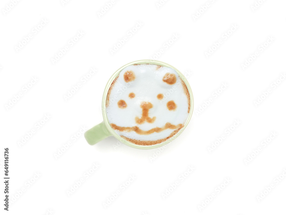 Hot latte coffee with art face bear shape in green ceramic mug isolated on whithe background. Top view, flat lay with space for your text. Hot latte coffee with art face bear shape in green ceramic mug isolated on whithe background. Top view, flat lay with space for your text.