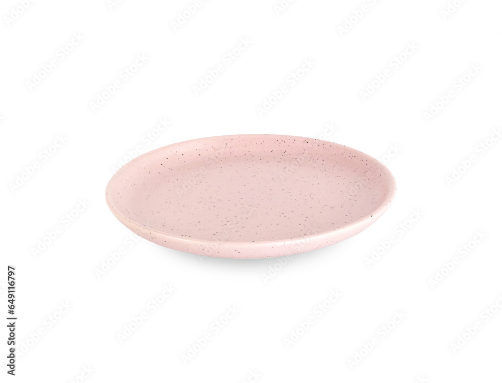 Empty pink round ceramic plate with dotted isolated on a white background. Use for home or restaurant, food design. Kitchen accessory. Front view. . Empty pink round ceramic plate with dotted isolated on a white background. Use for home or restaurant, food design. Kitchen accessory. Front view. .