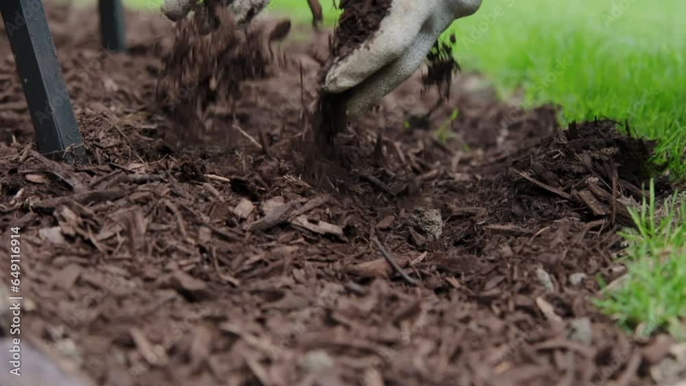 mulching garden plants with tree bark mulch. Landscape maintenance. Close up