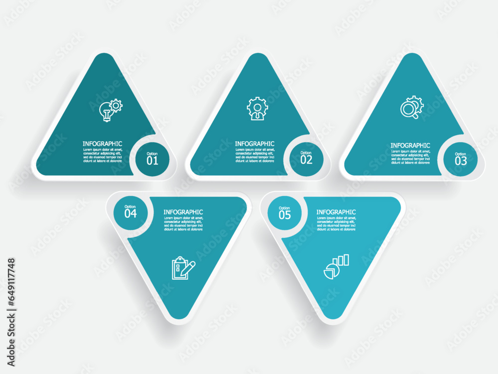 horizontal triangle round steps timeline infographic element report background with business line icon 5 steps