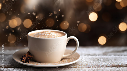 hot mug of coffee in winter - generative ai