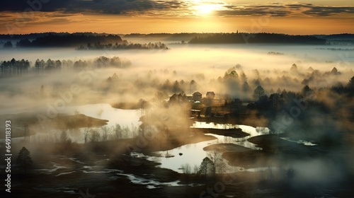 View from the height of the forest and lake in the fog.Aerial view. Panoramic shot